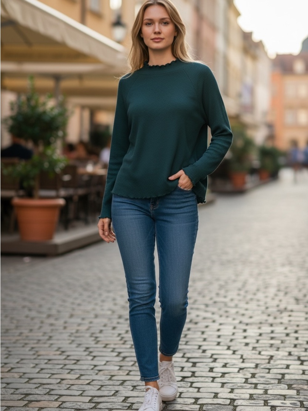 NWOT Free People - Long Sleeve Waffle Knit Top in Green/Dusty Teal - Size Large